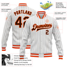 Load image into Gallery viewer, Custom White Brown Pinstripe Brown-Orange Bomber Full-Snap Varsity Letterman Jacket
