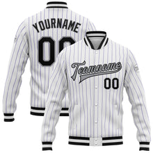 Load image into Gallery viewer, Custom White Purple Pinstripe Black-Gray Bomber Full-Snap Varsity Letterman Jacket
