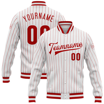 Custom White Red Pinstripe Red-White Bomber Full-Snap Varsity Letterman Jacket