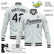 Load image into Gallery viewer, Custom White Aqua Pinstripe Black-Gray Bomber Full-Snap Varsity Letterman Jacket
