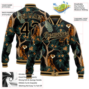 Custom Black Black-Old Gold Tiger And Peacock 3D Pattern Design Bomber Full-Snap Varsity Letterman Jacket