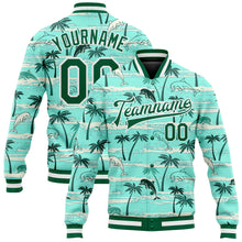 Load image into Gallery viewer, Custom Aqua Kelly Green-White Hawaii Palm Trees 3D Bomber Full-Snap Varsity Letterman Jacket
