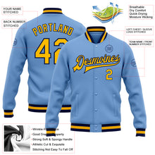 Load image into Gallery viewer, Custom Light Blue Gold-Navy Bomber Full-Snap Varsity Letterman Jacket
