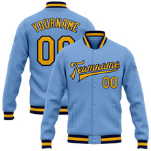 Load image into Gallery viewer, Custom Light Blue Gold-Navy Bomber Full-Snap Varsity Letterman Jacket
