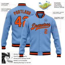 Load image into Gallery viewer, Custom Light Blue Orange-Black Bomber Full-Snap Varsity Letterman Jacket
