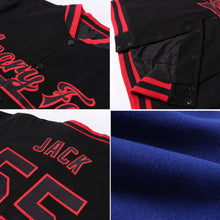 Load image into Gallery viewer, Custom Royal Black-Gold Bomber Full-Snap Varsity Letterman Jacket
