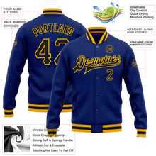 Load image into Gallery viewer, Custom Royal Black-Gold Bomber Full-Snap Varsity Letterman Jacket
