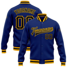 Load image into Gallery viewer, Custom Royal Black-Gold Bomber Full-Snap Varsity Letterman Jacket
