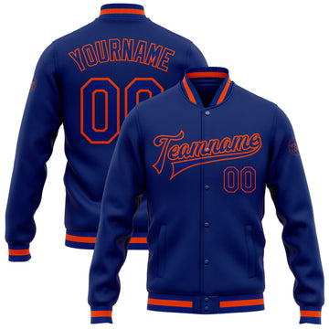 Custom Royal Royal-Orange Bomber Full-Snap Varsity Letterman Jacket