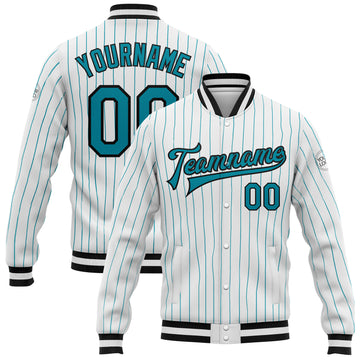 Custom White Teal Pinstripe Teal-Black Bomber Full-Snap Varsity Letterman Jacket