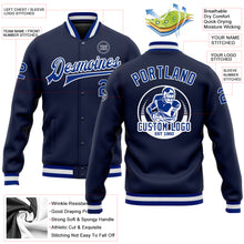 Load image into Gallery viewer, Custom Navy Royal-White Bomber Full-Snap Varsity Letterman Jacket
