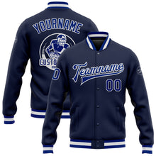 Load image into Gallery viewer, Custom Navy Royal-White Bomber Full-Snap Varsity Letterman Jacket
