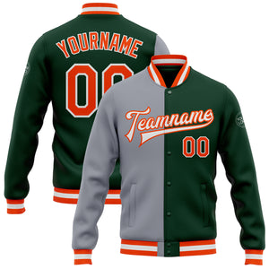 Custom Green Orange-Gray Bomber Full-Snap Varsity Letterman Split Fashion Jacket