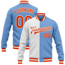 Load image into Gallery viewer, Custom Light Blue Orange-White Bomber Full-Snap Varsity Letterman Split Fashion Jacket
