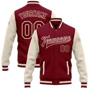 Custom Crimson Crimson Cream-Maroon Bomber Full-Snap Varsity Letterman Two Tone Jacket