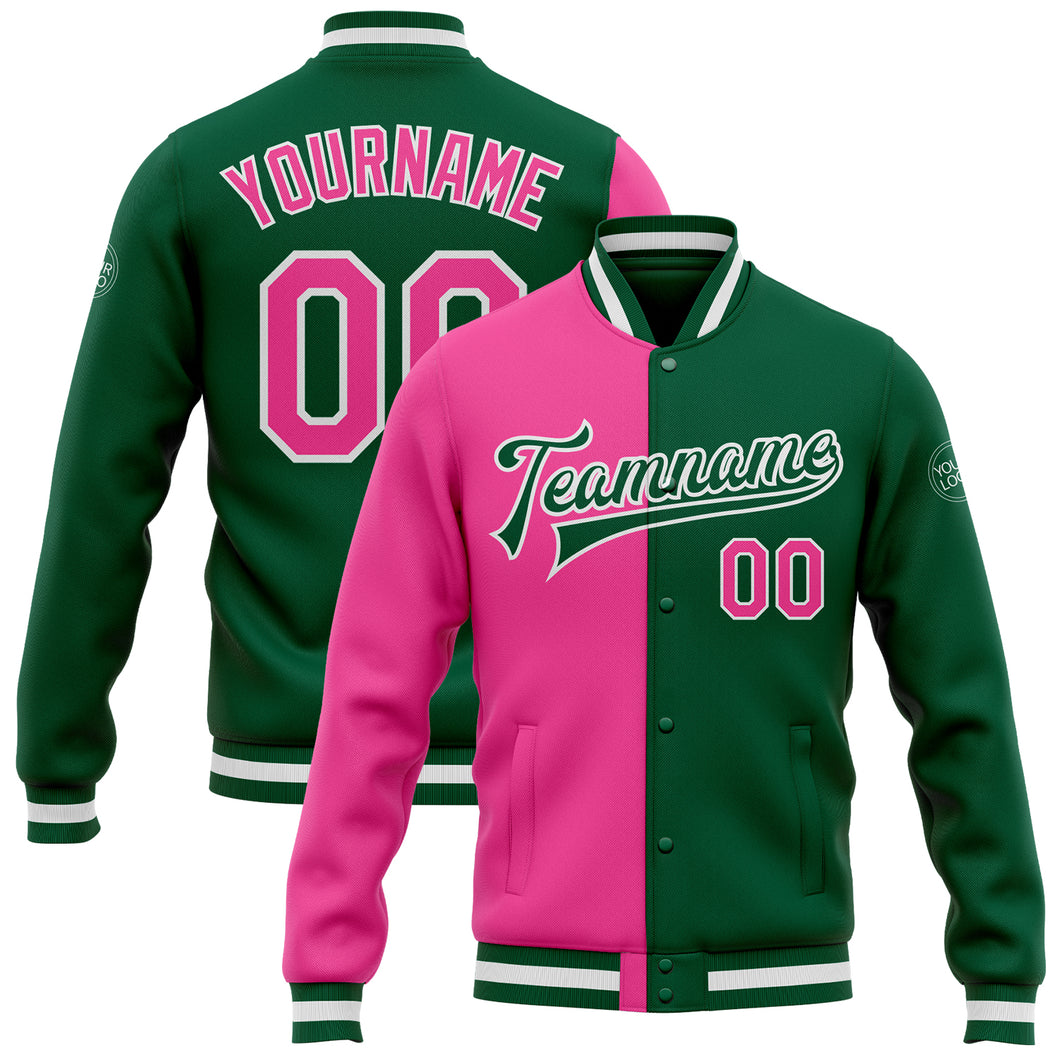 Custom Kelly Green Pink-White Bomber Full-Snap Varsity Letterman Split Fashion Jacket