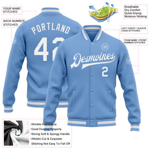 Custom Light Blue White Bomber Full-Snap Varsity Letterman Jacket