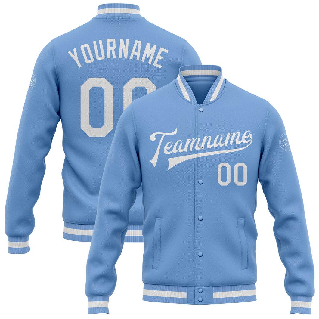 Custom Light Blue White Bomber Full-Snap Varsity Letterman Jacket