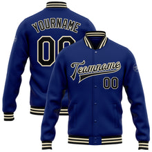 Load image into Gallery viewer, Custom Royal Black-Cream Bomber Full-Snap Varsity Letterman Jacket
