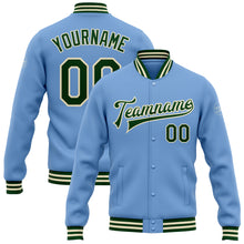 Load image into Gallery viewer, Custom Light Blue Green-Cream Bomber Full-Snap Varsity Letterman Jacket
