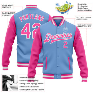 Custom Light Blue Pink-White Bomber Full-Snap Varsity Letterman Two Tone Jacket