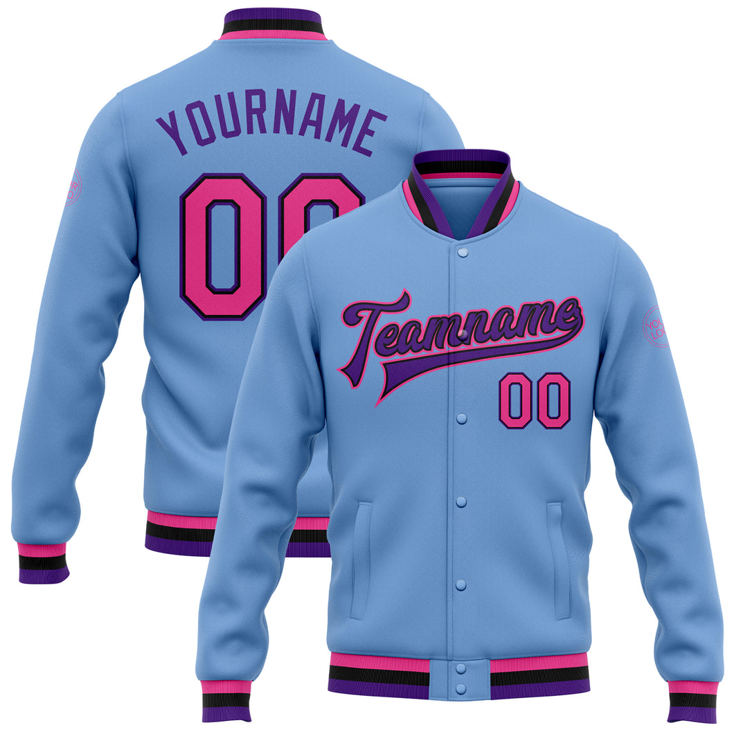 Custom Light Blue Pink Black-Purple Bomber Full-Snap Varsity Letterman Jacket