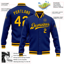 Load image into Gallery viewer, Custom Royal Gold-Black Bomber Full-Snap Varsity Letterman Jacket
