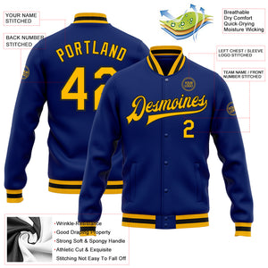 Custom Royal Gold-Black Bomber Full-Snap Varsity Letterman Jacket