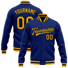 Load image into Gallery viewer, Custom Royal Gold-Black Bomber Full-Snap Varsity Letterman Jacket
