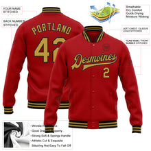 Load image into Gallery viewer, Custom Red Old Gold-Black Bomber Full-Snap Varsity Letterman Jacket
