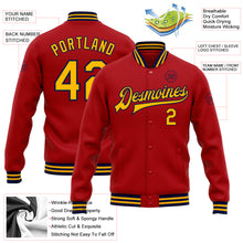 Load image into Gallery viewer, Custom Red Gold-Navy Bomber Full-Snap Varsity Letterman Jacket
