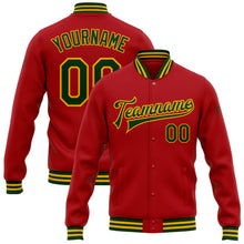 Load image into Gallery viewer, Custom Red Green-Gold Bomber Full-Snap Varsity Letterman Jacket
