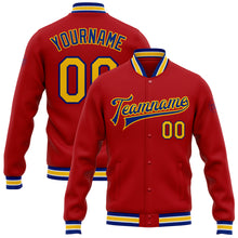 Load image into Gallery viewer, Custom Red Yellow-Royal Bomber Full-Snap Varsity Letterman Jacket
