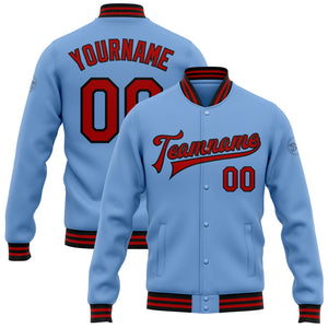 Custom Light Blue Red-Black Bomber Full-Snap Varsity Letterman Jacket