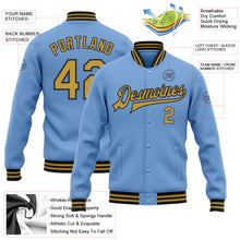 Load image into Gallery viewer, Custom Light Blue Old Gold-Black Bomber Full-Snap Varsity Letterman Jacket
