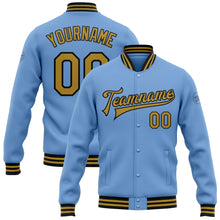 Load image into Gallery viewer, Custom Light Blue Old Gold-Black Bomber Full-Snap Varsity Letterman Jacket
