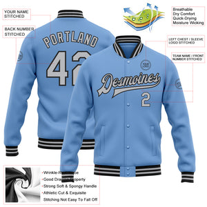 Custom Light Blue Gray-Black Bomber Full-Snap Varsity Letterman Jacket