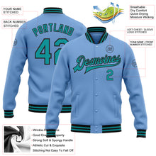 Load image into Gallery viewer, Custom Light Blue Teal-Black Bomber Full-Snap Varsity Letterman Jacket
