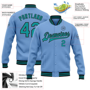 Custom Light Blue Teal-Black Bomber Full-Snap Varsity Letterman Jacket