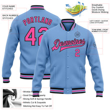 Load image into Gallery viewer, Custom Light Blue Pink-Black Bomber Full-Snap Varsity Letterman Jacket
