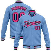 Load image into Gallery viewer, Custom Light Blue Pink-Black Bomber Full-Snap Varsity Letterman Jacket
