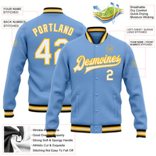 Load image into Gallery viewer, Custom Light Blue White Gold-Black Bomber Full-Snap Varsity Letterman Jacket
