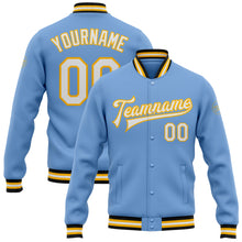 Load image into Gallery viewer, Custom Light Blue White Gold-Black Bomber Full-Snap Varsity Letterman Jacket
