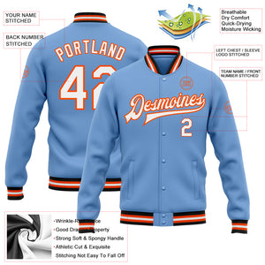 Custom Light Blue White Orange-Black Bomber Full-Snap Varsity Letterman Jacket