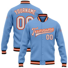 Load image into Gallery viewer, Custom Light Blue White Orange-Black Bomber Full-Snap Varsity Letterman Jacket
