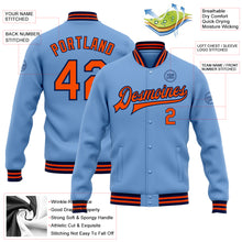 Load image into Gallery viewer, Custom Light Blue Orange-Navy Bomber Full-Snap Varsity Letterman Jacket
