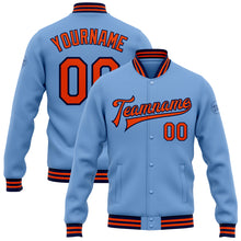 Load image into Gallery viewer, Custom Light Blue Orange-Navy Bomber Full-Snap Varsity Letterman Jacket
