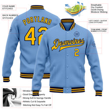 Load image into Gallery viewer, Custom Light Blue Gold-Navy Bomber Full-Snap Varsity Letterman Jacket
