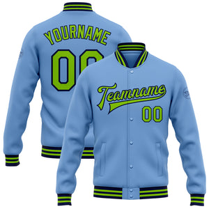 Custom Light Blue Neon Green-Navy Bomber Full-Snap Varsity Letterman Jacket