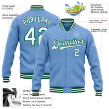 Load image into Gallery viewer, Custom Light Blue White-Kelly Green Bomber Full-Snap Varsity Letterman Jacket
